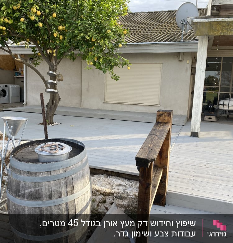 חבית עץ עם מכסה מתכת ליד עץ לימון